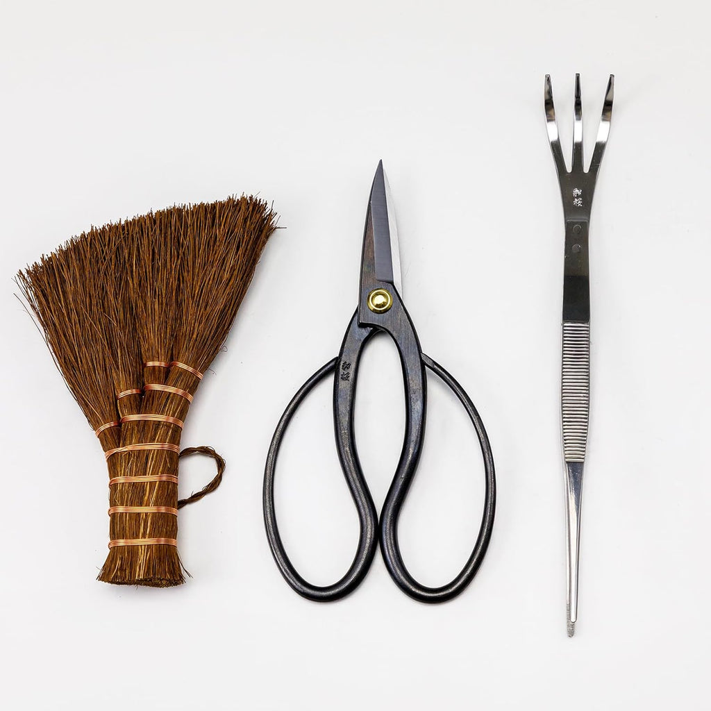 Wazakura Japanese Bonsai Garden 3PCS Tool Starter Kit, Made in Japan, Traditional Bonsai Scissors, Stainless Tweezers with Rake, Chinese Broom. Beginner Set wit Tweezers, Shears and Brush