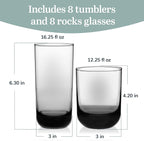 Libbey Polaris Tumbler and Rocks Glass Set, Smoke Hue Drinkware Glasses Set, Lead-Free Tall Water Glasses with Modern Clean Lines, Dishwasher Safe Drinking Glasses Set of 16