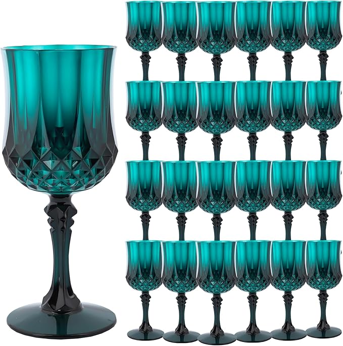 Plastic Wine Glasses，Plastic Goblets Vintage Style Cordial Drinking Glasses for Wedding Reception, Grand Event Party Supplies (24, Green)