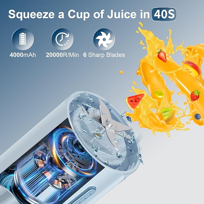 Portable Personal Blender for Juice, Shakes and Smoothies with Insulated Sleeve - 16 Oz Mini Blender Cup with 6 Blades, USB Rechargeable, BPA Free - Small Blender for Kitchen, Travel, Office, Gym