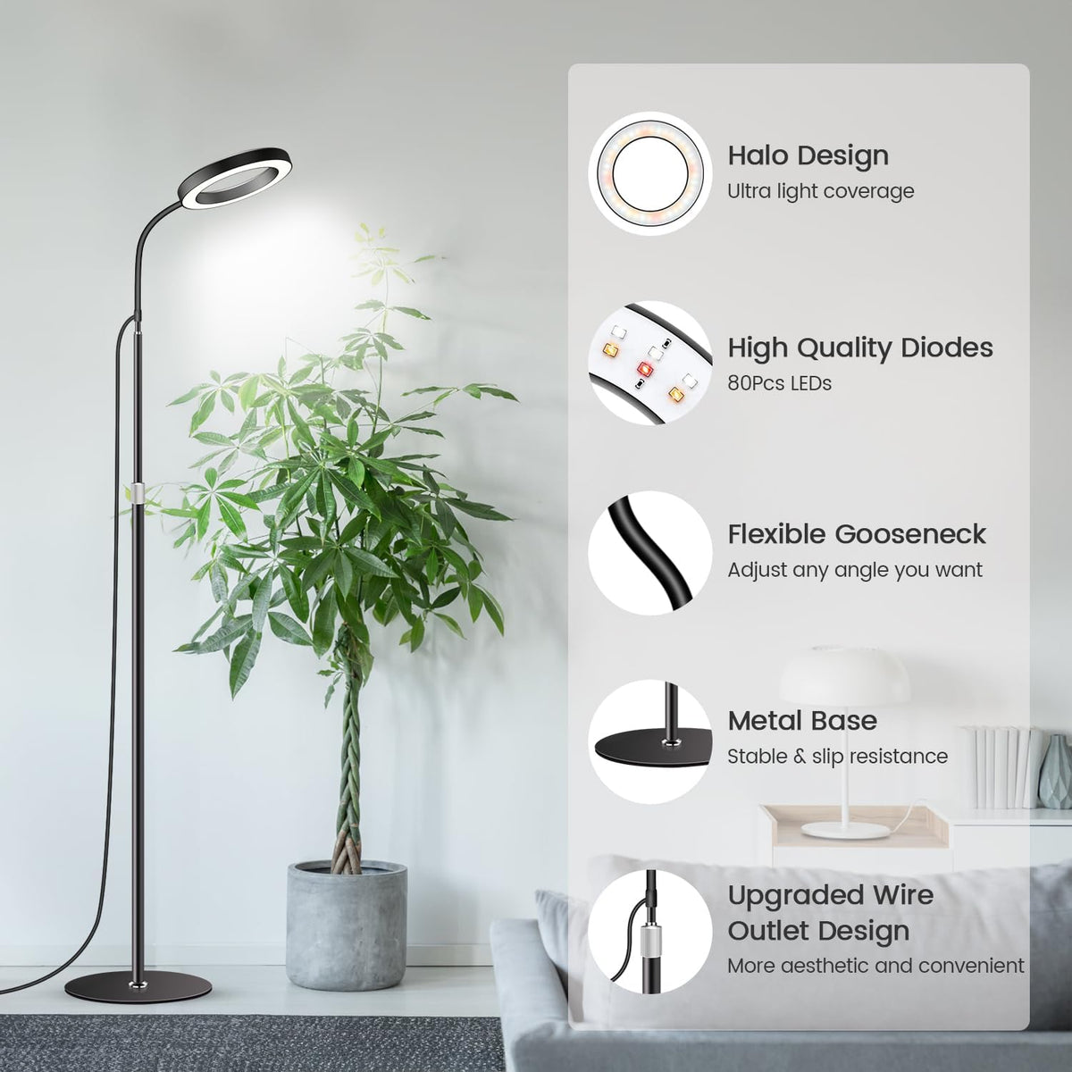 Garpsen Grow Lights for Indoor Plants, Full Spectrum LED Plant Light with Stand, 3 Color Modes Floor Grow Lamp with Timer 6/12/16H, 5 Dimmable Levels, 67'' Adjustable Height for Large Plants