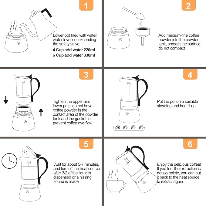 Clear Glass Moka Pot 4 Cup 220ml Stainless Steel Coffee Maker Uncoated Stovetop Espresso Percolator Coffeemaker Italian Classic Style Brewing Greca Cafe Mocha Machine for Cafeteras Camping Travel Home
