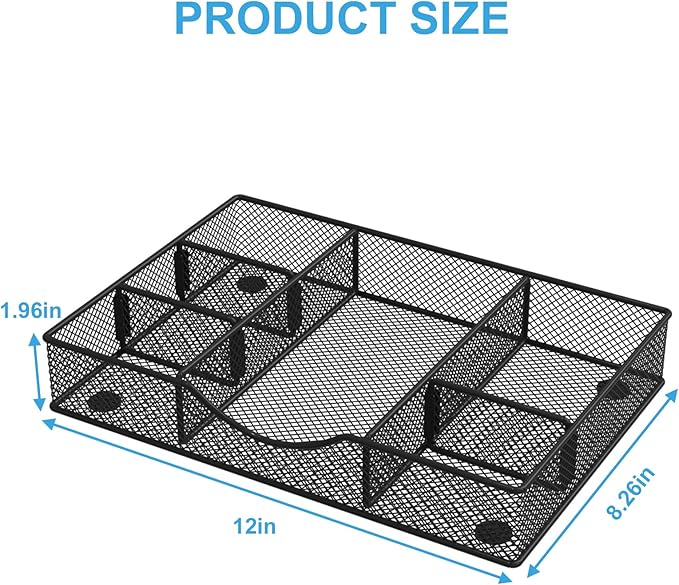 Desk Drawer Organizer Tray, Metal Mesh Drawer Organizers Office, 6 Adjustable Compartment, Desk Organizer Tray for Home Office 12 x 8.26 x 1.96 inch, Black, 1 Pack
