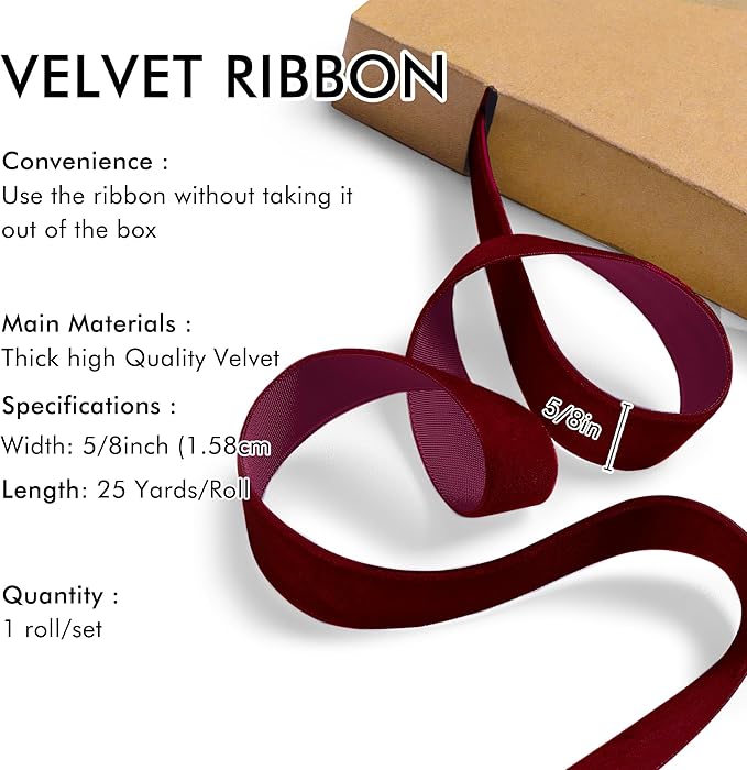 Burgundy Velvet Ribbon 5/8'' 25 Yards for Christmas Tree, Gift Wrapping, Flower Bouquet, Wreath Decorations, Bow Making
