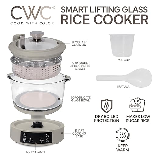 COOK WITH COLOR 3L Glass Low Carb Rice Cooker - Makes 6 Cups Cooked Low Sugar Rice with Auto Lift Filter Basket, Hotpot & Steamer for Rice, Grains and Oats, Digital Panel with Keep Warm, Sand