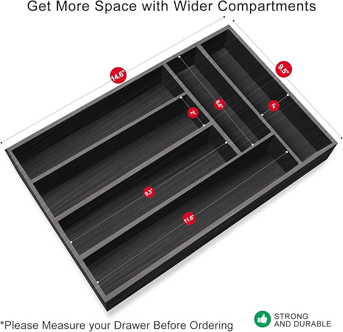 Kitchen Wood Utensil Tray Silverware Drawer Organizer Wooden Cutlery Trays Flatware Organizers Divider 14.6"x9.5" Silverware Tray Spoon Fork Organizer Black Bamboo Cutlery Utensil Holder for Drawer