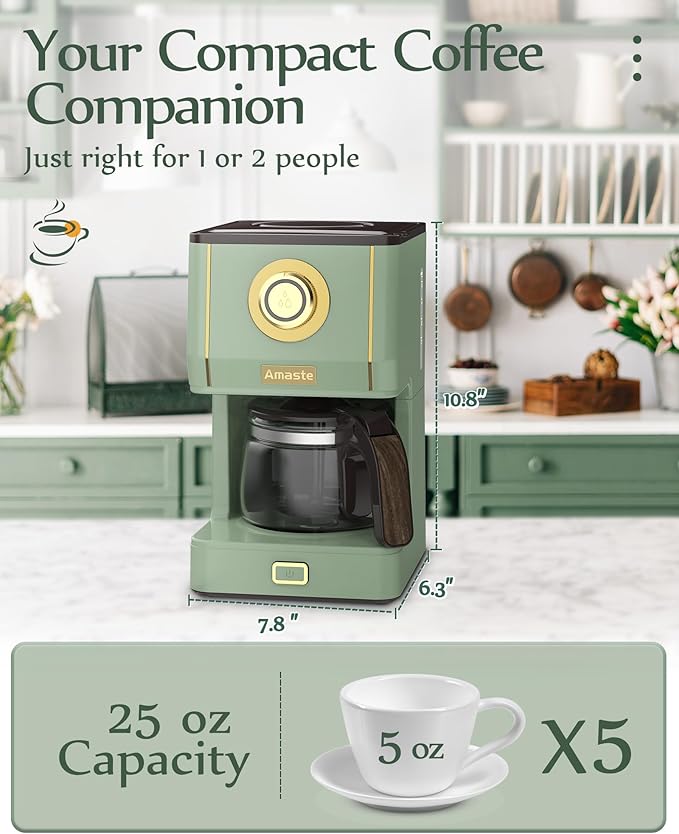 Amaste Drip Coffee Maker, Coffee Machine with 25 Oz Glass Coffee Pot, Retro Style Coffee Maker with Reusable Filter & Three Brewing Modes, 30minute-Warm-Keeping, Matcha Green