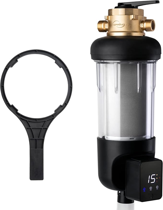 iSpring WSP100ARJ-BP, NSF Certified, Whole House Spin-Down Sediment Water Filter with Bypass, Clear Housing, Jumbo Size, Flushable and Reusable, Touch-Screen Auto Flushing, 4 Modes, 100 Microns