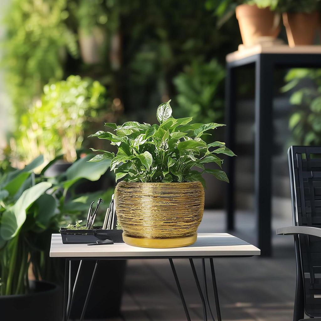 SQOWL Ceramic Flower Pot - 8 Inch Plant Pot Indoor Outdoor, Round Planter with Drainage Hole and Saucer, Decorative Modern Planter, Home Decor, Plant Lovers Gifts, Gold