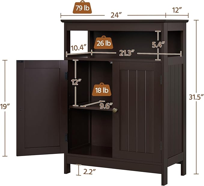 Yaheetech Bathroom Floor Storage Cabinet, Wooden Free Standing Storage Organizer with 2 Doors & Adjustable Shelf for Living Room, Hallway, Espresso