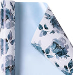 RUSPEPA Reversible Floral Wrapping Paper for Girls Women, Mini Roll, Watercolor Blue Floral and Solid Blue Gift Wrap Paper for Birthday, Wedding, Mother's Day, Bridal Shower, 17 Inches x 16.4 Feet
