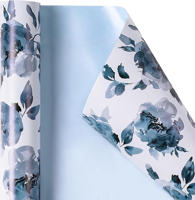 RUSPEPA Reversible Floral Wrapping Paper for Girls Women, Mini Roll, Watercolor Blue Floral and Solid Blue Gift Wrap Paper for Birthday, Wedding, Mother's Day, Bridal Shower, 17 Inches x 16.4 Feet