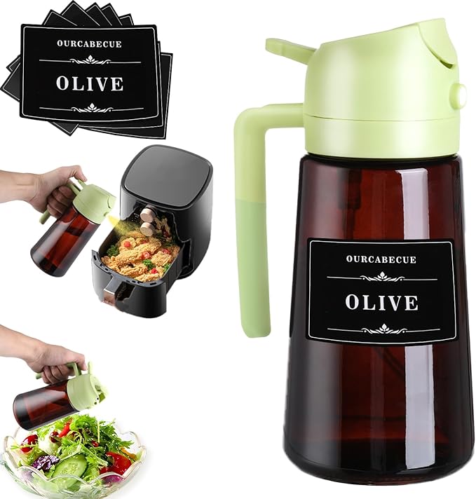 Oil Sprayer for Cooking, 16oz Olive Oil Dispenser Bottle for Kitchen Gadgets, 2 in 1 Adjustable Mist Spray and Precision Pour Spout Dark Brown Bottle with Stickers for Air Fryer, Salad