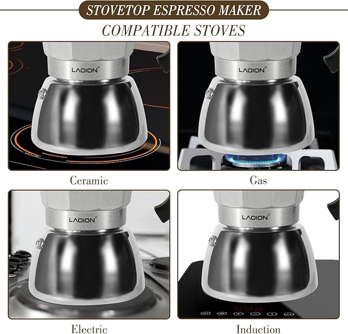 Stovetop Espresso Maker, 6Cup Moka Pot, Espresso Machine Compatible with Induction Cooktops, 300ml Stainless Steel & Aluminum Cuban Coffee Maker for Cafetera Cubana, Silver
