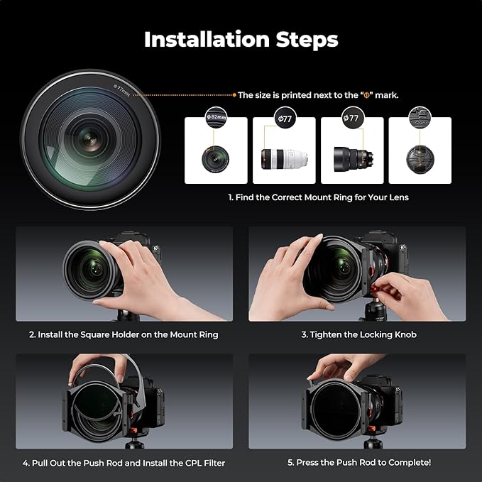 K&F CONCEPT X PRO Square Filter Holder System Kit (Filter Holder + 95mm Circular Polarizer + Square ND1000 Filter + 4 Filter Adapter Rings) for Camera Lens