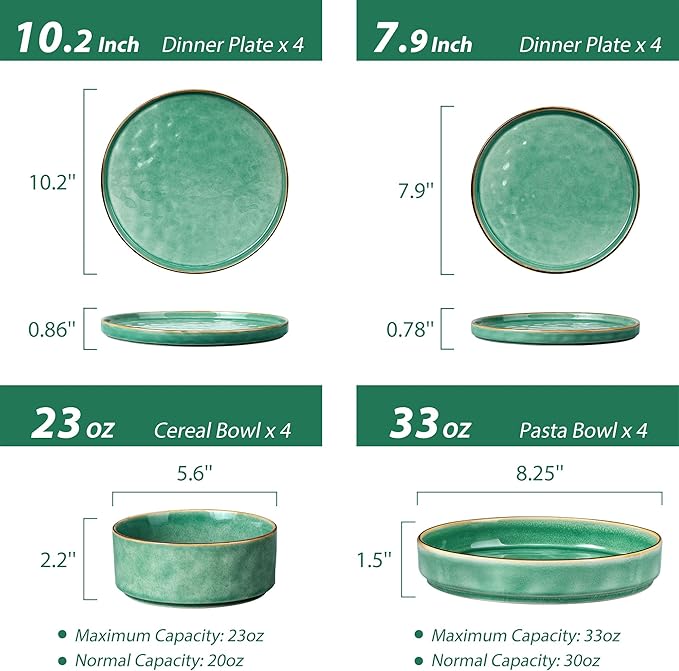 LIANYU 16 Piece Dinnerware Sets with Double Bowls, Plates and Bowls Dish Set for 4, Ceramic Dinner Ware Dishware for Kitchen Dining, Microwave & Dishwasher Safe, Emerald Green