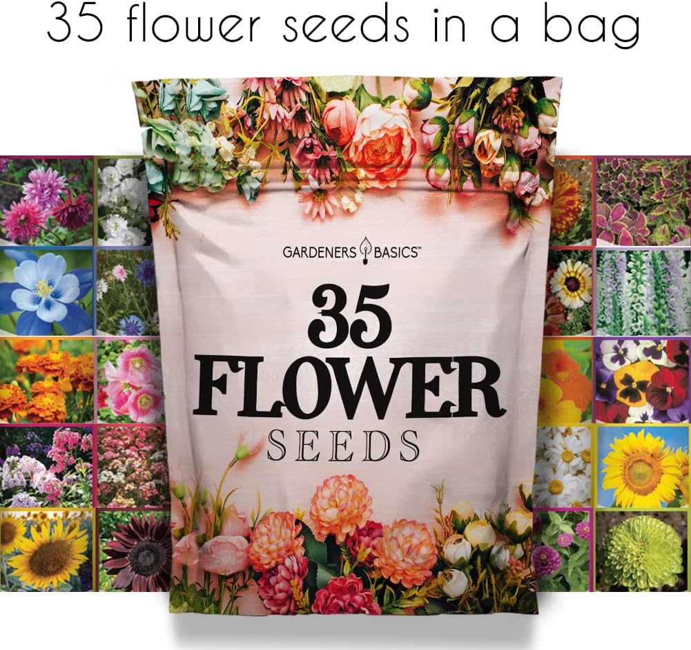 Gardeners Basics, Flower Seeds Packets for Planting 35 Individual Varieties Perennial, Annual, Wildflower Seeds for Planting Outdoors for Bees and Butterflies - Semillas de Flores Hermosas
