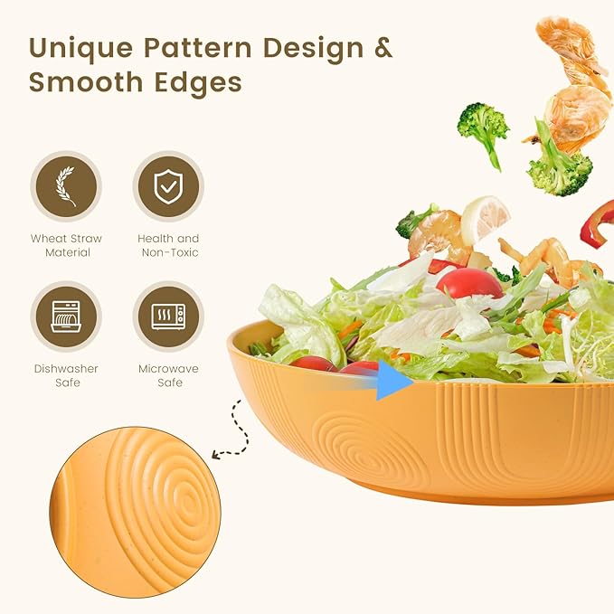 Homienly Wheat Straw Plates - 10 Inch Large Salad Bowls, Set of 6, Wide & Shallow, Microwave & Dishwasher Safe - Multi Color