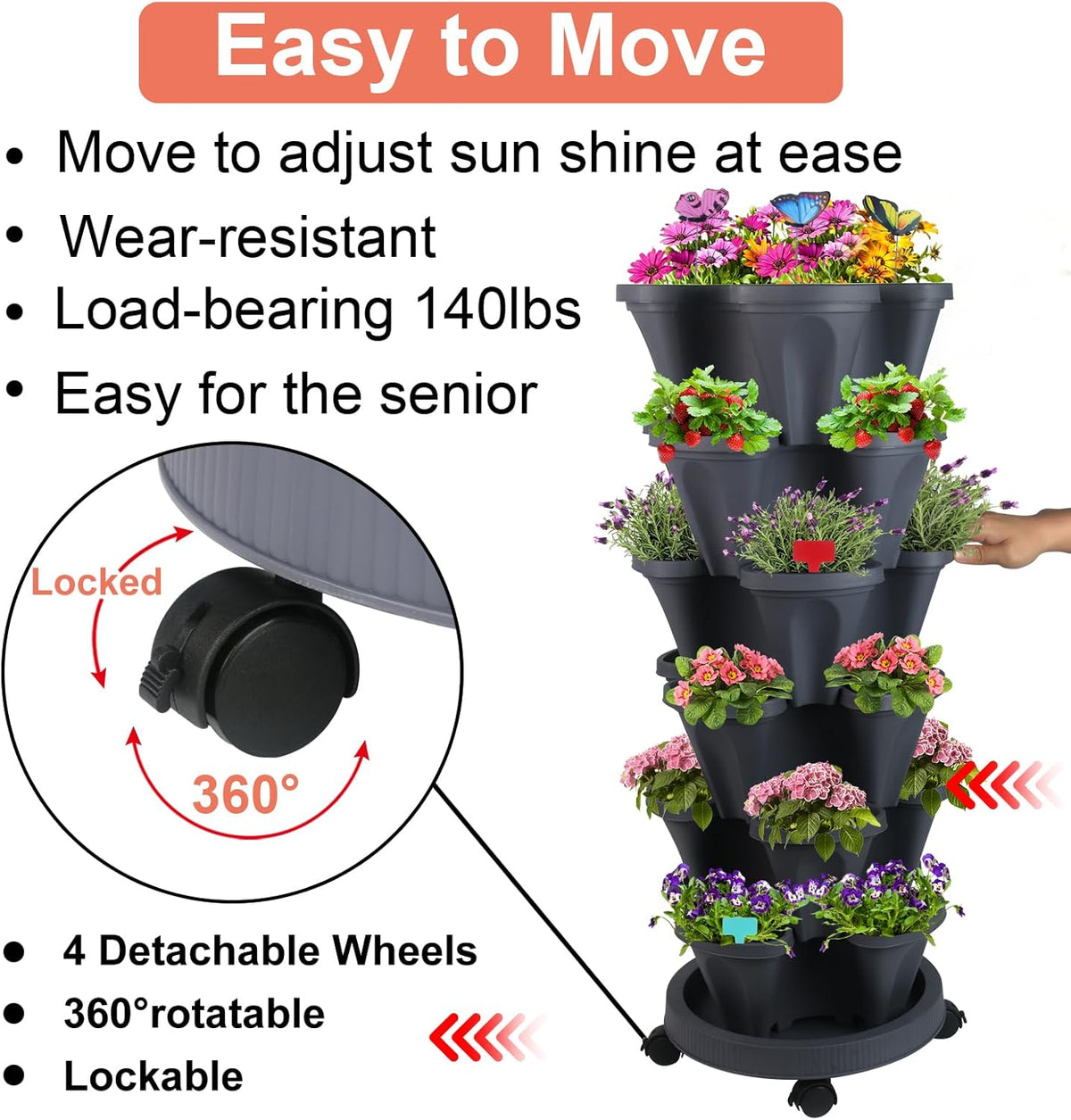 Vertical Planter, 6 Tier Stackable Strawberry Planter with Garden Tool Set, Movable Indoor/Outdoor Garden Herb Pot for Growing Vegetables and Succulents, Dark Gray