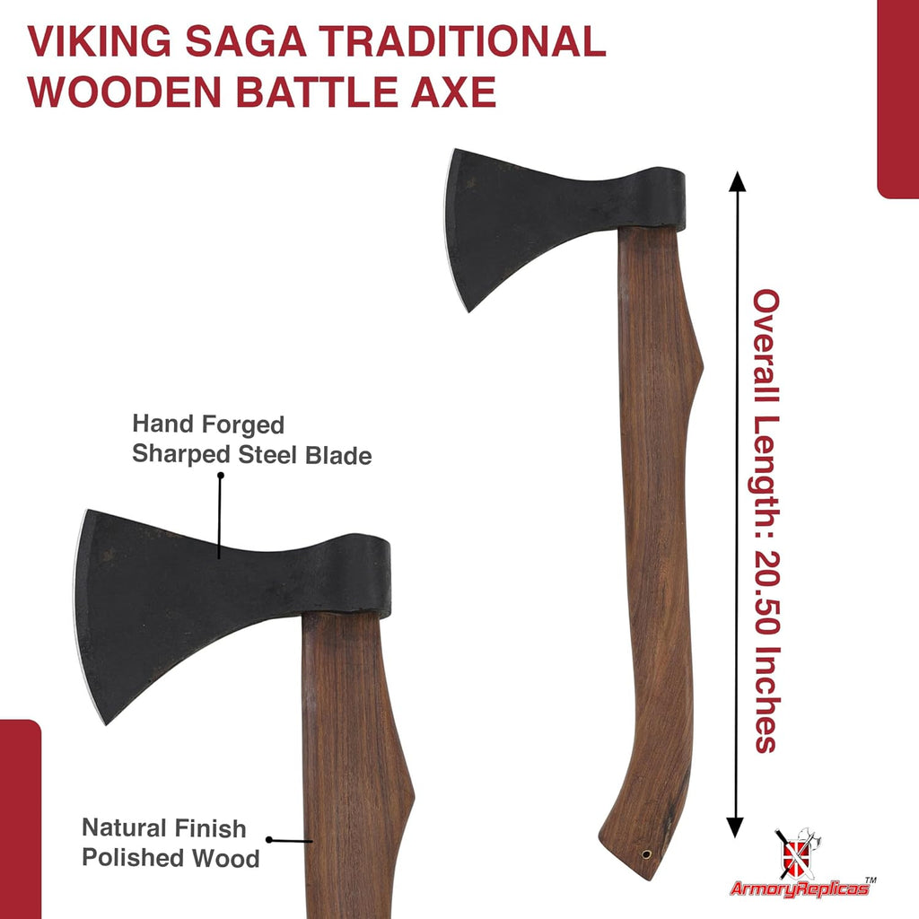 Armory Replicas™ Viking Saga Traditional Wooden Battle Axe Hand-Forged Iron Steel Blade, Rustic Finish, Fully Functional, 20.5” Overall Length Perfect for Camping, Reenactments, and Cosplay