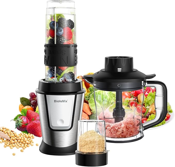BioloMix Blender and Food Processor Combo, 700W Portable Juicer, Personal Blender, Meat Grinder, Food Processor, Coffee Spice Grinder, Meat Chopper, Smoothies, Fruits Mixer