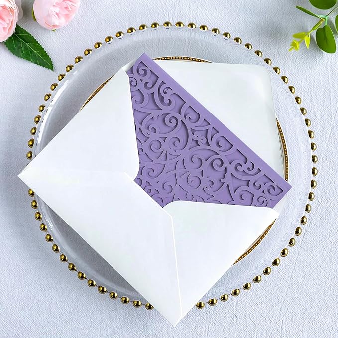 ponatia 20PCS Lilac Quinceanera Invitation Cards, Tri-Fold Laser Cut Wedding Invitations Pockets with Envelopes for 5x7 Wedding Invitation Crads, XV Anos, Baby Shower Party Invite