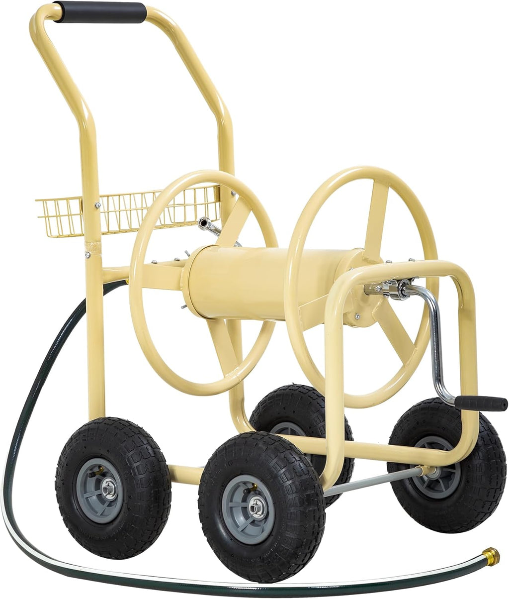 Hose Reel Hold Up To 300 Ft Heavy Duty Garden Hose Reel Sturdy Water Hose Reel Cart with 4 Wheels Storage Basket for Garden Lawn Yard Outdoor (Tan)