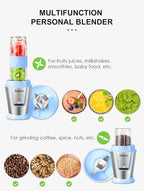 Personal Blender, Electric Shake Bottle with 2 x 20oz Travel Bottle and Coffee/Spices Jar, Portable Shaker Cups for Protein Shakes, 500W Single Serve Blender for Shakes and Smoothies, Sports(Blue)