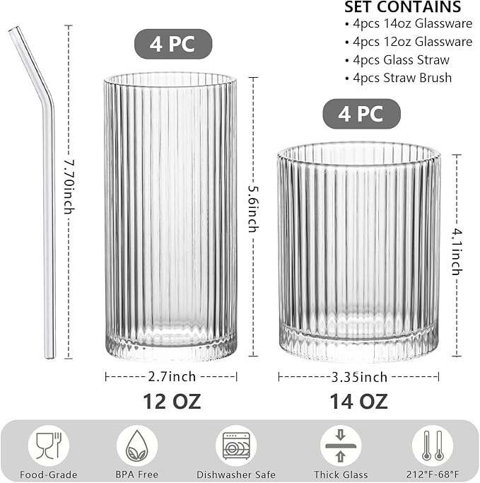 INSETLAN Set of 8 Vintage Glassware - 4 Highball Glasses 12 oz, 4 Rocks Glass Cups 14 oz, Ribbed Glassware Cocktail Glasses, Ideal for Wine, Juice, Water, Ice Coffee Cup, Whiskey, Mixed Drinkware