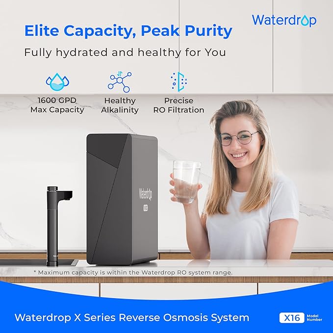 Waterdrop X16-Alkaline Tankless Reverse Osmosis System, NSF/ANSI 42&58&372 Certified, 1600 GPD RO Filter System, 11-Stage Filtration, UnderSink, 3:1 Pure to Drain, Alkaline Mineral pH+, BPA Free