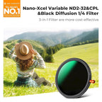K&F CONCEPT 58mm Black Diffusion Mist Effect 1/4 & Variable ND2-32(1-5 Stops) & Circular Polarizing Filter CPL-in 1 HD Lens Filter with 28 Multi-Coatings for Camera Lenses (Nano-X Series)