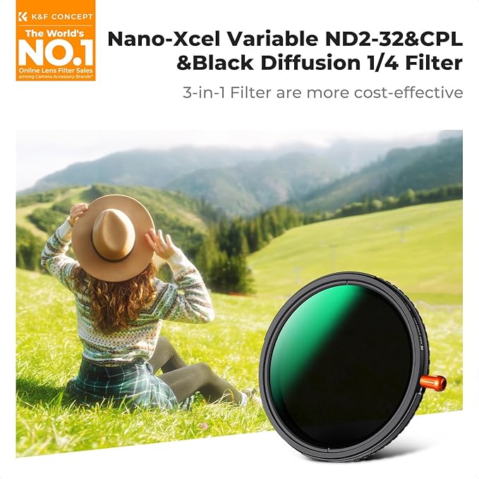 K&F CONCEPT 58mm Black Diffusion Mist Effect 1/4 & Variable ND2-32(1-5 Stops) & Circular Polarizing Filter CPL-in 1 HD Lens Filter with 28 Multi-Coatings for Camera Lenses (Nano-X Series)