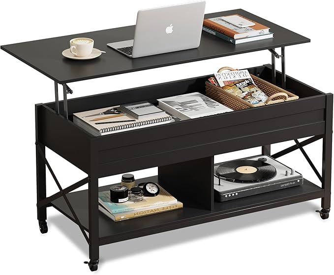WLIVE Coffee Table, 41.3" Lift Top Coffee Table with 4 Wheels, Hidden Compartment, Storage Shelf and Lift Tabletop for Living Room, Reception Room, Black