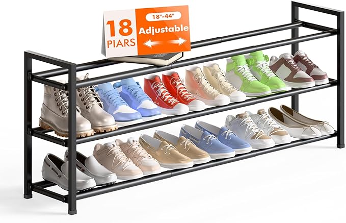 Bumusty 3-Tier Long Expandable Shoe Rack for Closet, 18"-44" Adjustable Shoe Rack for Entryway, 15-18 Pairs Large Shoe Organizer Shelf Storage, Sturdy Metal, Black