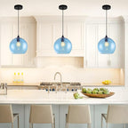 Blue Pendant Lights Kitchen Island Lighting Modern Globe Hand Blown Glass Pendant Light Ceiling Hanging Light fixtures for Kitchen Island Living Dining Room Light Fixture，9.8in 2Pack
