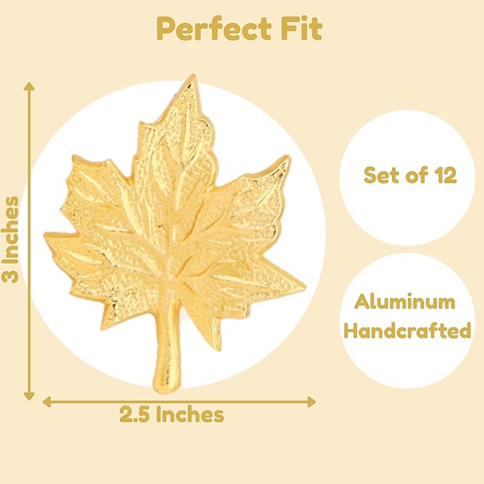 Set of 12 Maple Leaf Napkin Rings - Handcrafted Aluminum Napkin Holders for Cloth & Paper Napkins, Elegant Table Décor for Wedding Receptions Thanksgiving Christmas Holiday Parties (Gold) CLEENTABLE