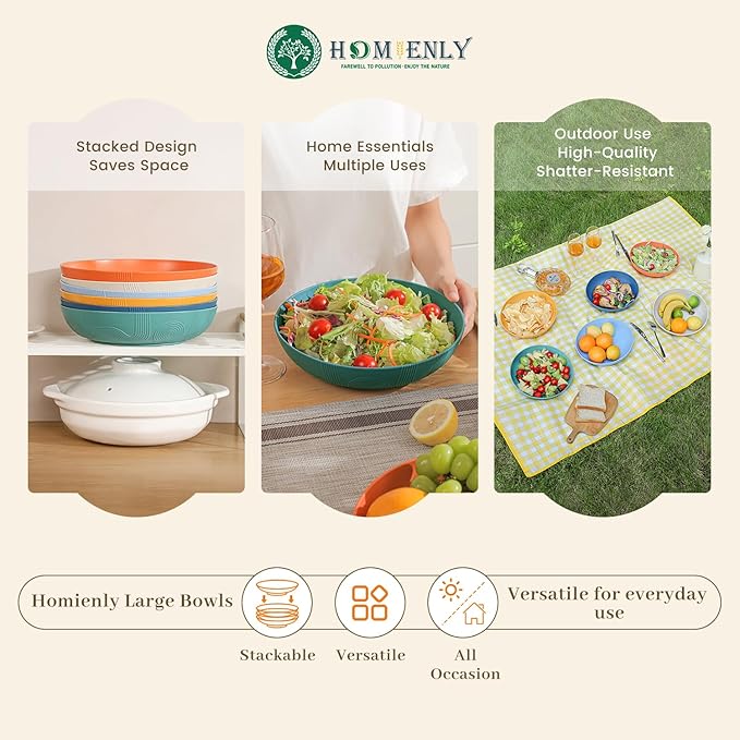 Homienly Wheat Straw Plates - 10 Inch Large Salad Bowls, Set of 6, Wide & Shallow, Microwave & Dishwasher Safe - Multi Color