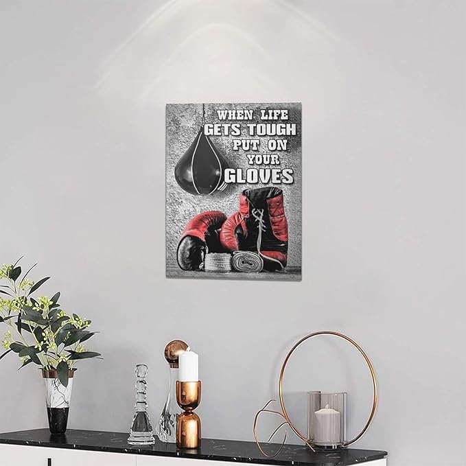 Boxing Posters Wall Art Red Boxing Gloves Pictures Wall Decor Black And White Inspirational Quotes Canvas Prints Painting Artwork Sports Canvas Home Decorations For Teen Boys Room Dorm Bedroom 12"x16"