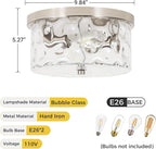 LamQee 9.8" Small Flush Mount Ceiling Light With Clear Hammered Glass, Brushed Nickel Hallway Light Fixtures Ceiling Mount for Bathroom, 2-Lights Farmhouse Close To Ceiling Light Kitchen Foyer Bedroom