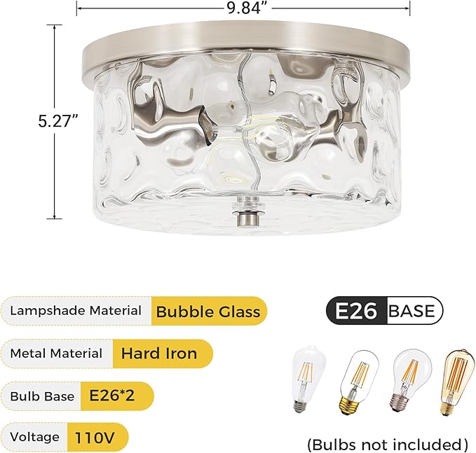 LamQee 9.8" Small Flush Mount Ceiling Light With Clear Hammered Glass, Brushed Nickel Hallway Light Fixtures Ceiling Mount for Bathroom, 2-Lights Farmhouse Close To Ceiling Light Kitchen Foyer Bedroom