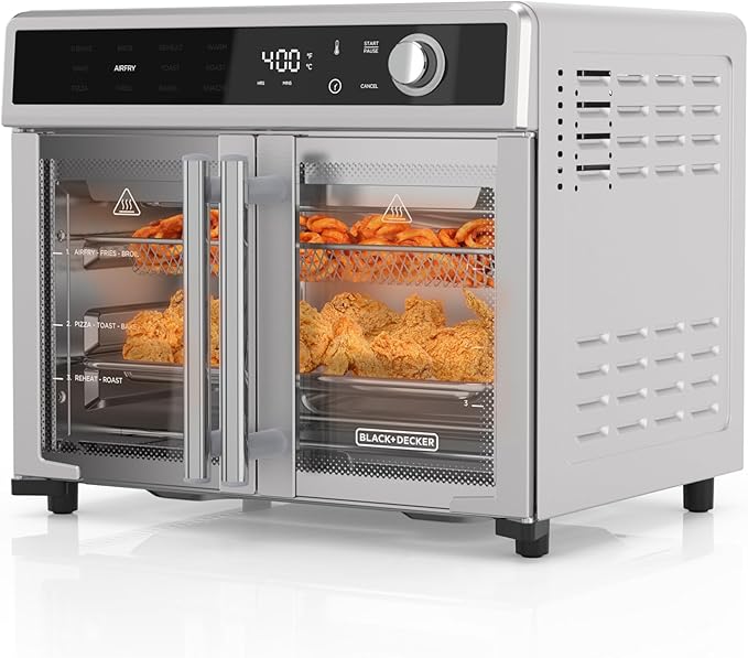 BLACK+DECKER Crisp 'N Bake Air Fryer Toaster Oven Combo, 12 in 1 Countertop Convection Oven Cooks Food Fast, Fits a Whole Pizza or 6 Toast Slices, French Doors with Stainless Steel Finish