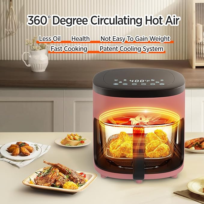 6-IN-1 Glass Air Fryer,4.5QT Air Fryer with Viewing Glass Pot, Air Fry, Dehydrate, Air Crisp Technology,Nonstick & Dishwasher Safe Basket,97% Less Oil,Features Digital Timer (Pink)