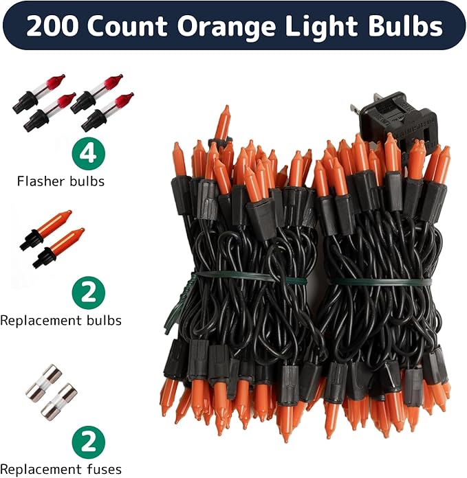 PREXTEX Incandescent Orange Christmas Lights with Black Wire - 200 Count Light Bulbs, 40ft Twinkle Lights - Connects Up to 4 Strings - Indoor/Outdoor Colored Lighting for Halloween or Any Occasion