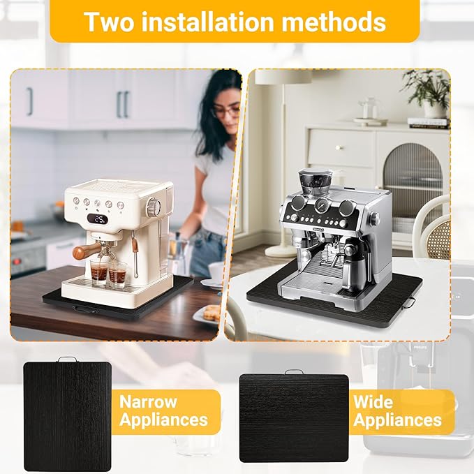 360° Rotatable Sliding Tray for Kitchen Appliances, Wooden Sliding Tray for Coffee Maker, Coffee Pot Slides for Countertop Installation, Easy to Slide (Black, Large)