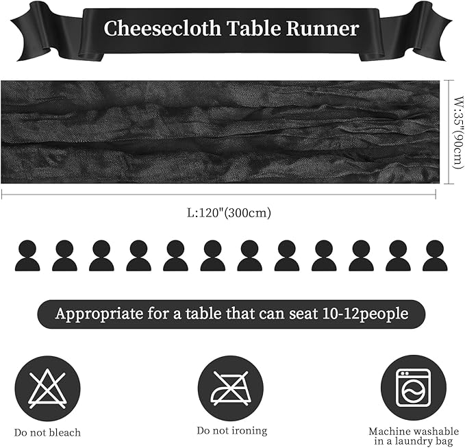 6 Pack Halloween Cheesecloth Table Runner 10FT Long Black Boho Gauze Table Runner Rustic Sheer Runner for Halloween Decoration Wedding Baby Shower Birthday Party Table Decor Thanksgiving Christmas