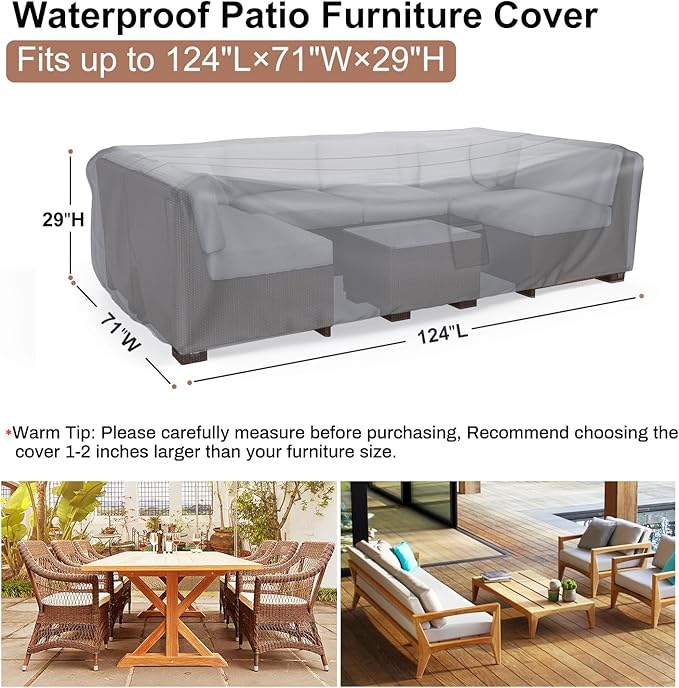 Mrrihand Heavy Duty Patio Furniture Covers, Outdoor Furniture Covers Waterproof Sectional Sofa Set , Patio Table and Chair Set Cover 124"L×71"W×29"H,Grey