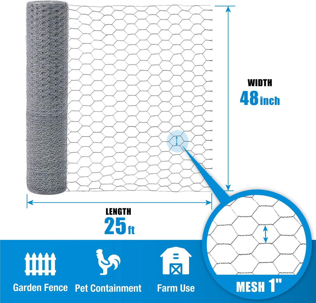 Fencer Wire 20 Gauge Chicken Wire Fence, Galvanized Poultry Hexagonal Netting Crafting, Chicken Coops & Rabbit Rodent Cage, 1-Inch Hex Grid (4 ft. x 25 ft.)
