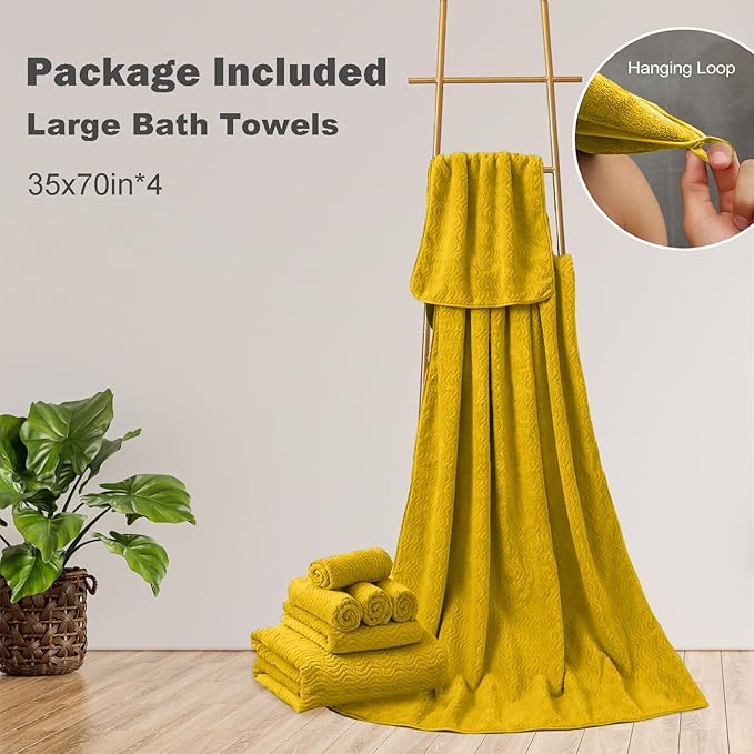 Bath Towel Set of 4, Extra Large Towels Oversized 35x70 Inch Shower Bathroom Towels Highly Absorbent Quick Dry Towel Textured Soft Bath Sheet Towels Set for Bathroom Hotel SPA Fitness Camping (Yellow)
