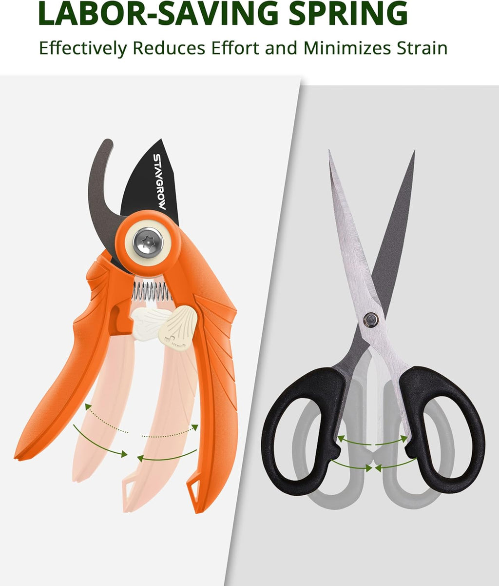 Pruning Shears, Garden Shears - 6.9" Garden Clippers, Gardening Scissors with Rust Resistant SK5 Stainless Steel Blade, Cuts 3X Easier, Weak Hand Arthritis Pruners for Gardening - Orange