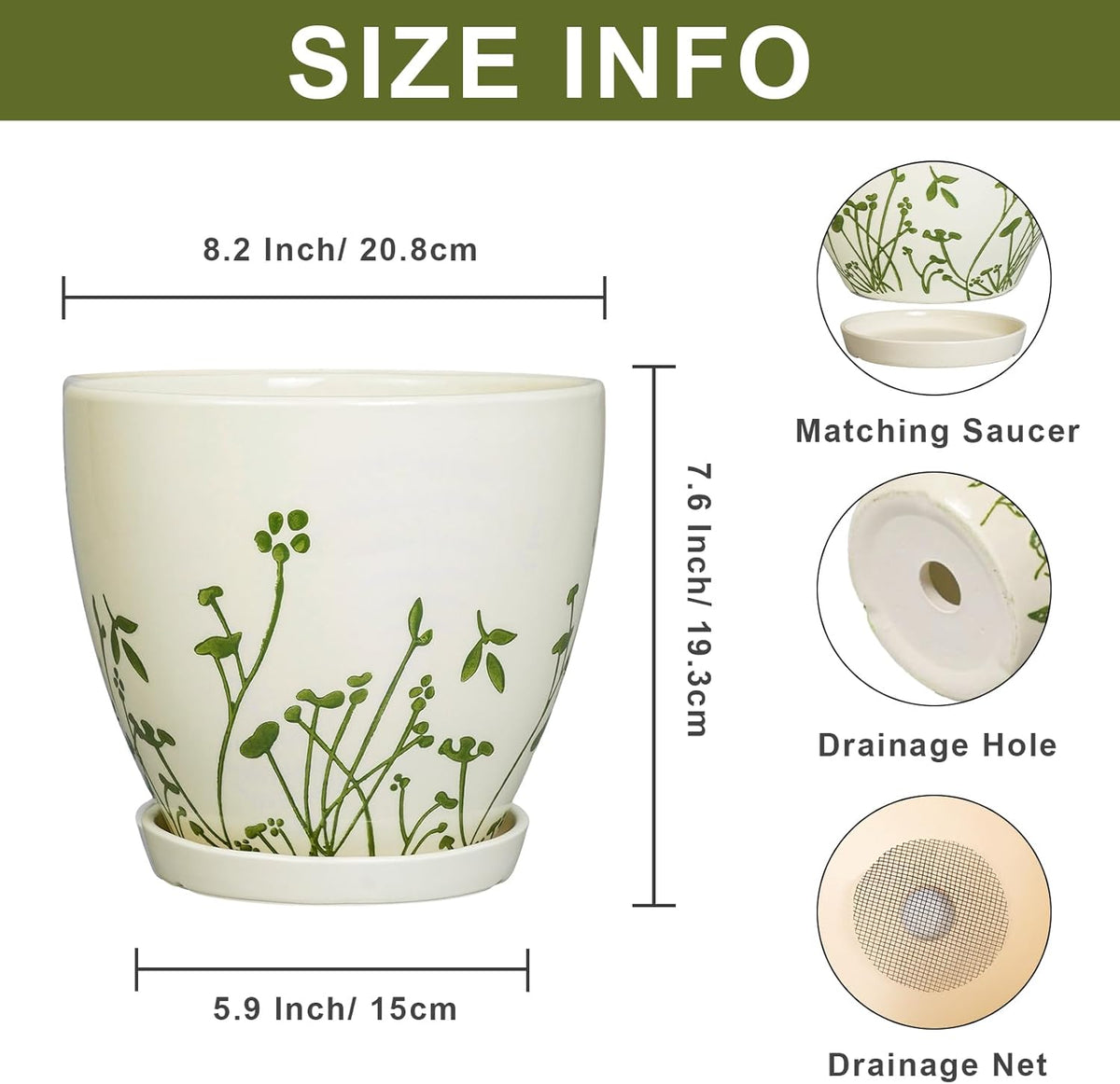 Indoor Plant Pot 8.2 Inch - Ceramic Planter with Drainage Hole and Saucer, Boho Round Decorative Flower Pot for Indoor Outdoor Flowers, Plant Lover Gifts, Office Home Garden Patio Decor, White